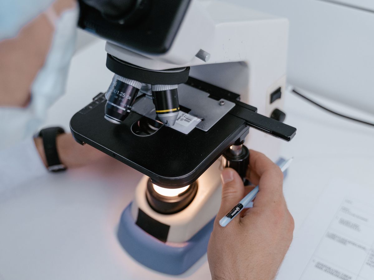 Vet examining a sample through a microscope