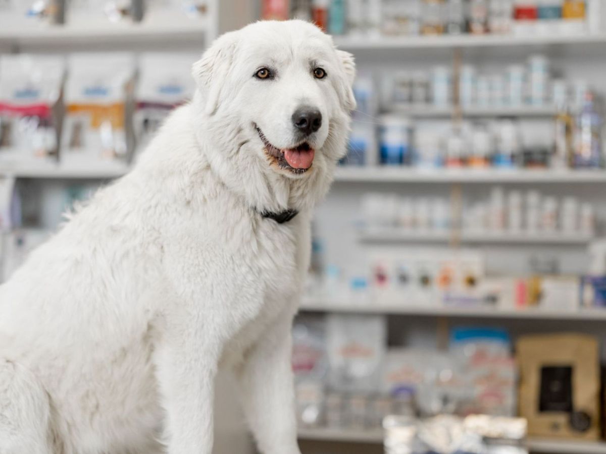 Dog sitting on a table in the pharmacy